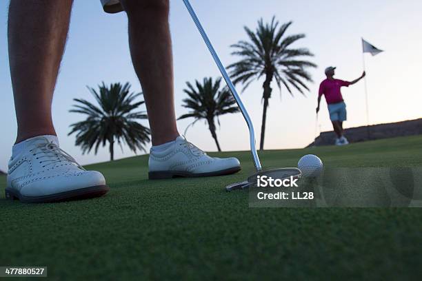 Foto de Homem Jogando Golfe Com Amigo Segurando Bandeira No Fundo e mais fotos de stock de Palmeira