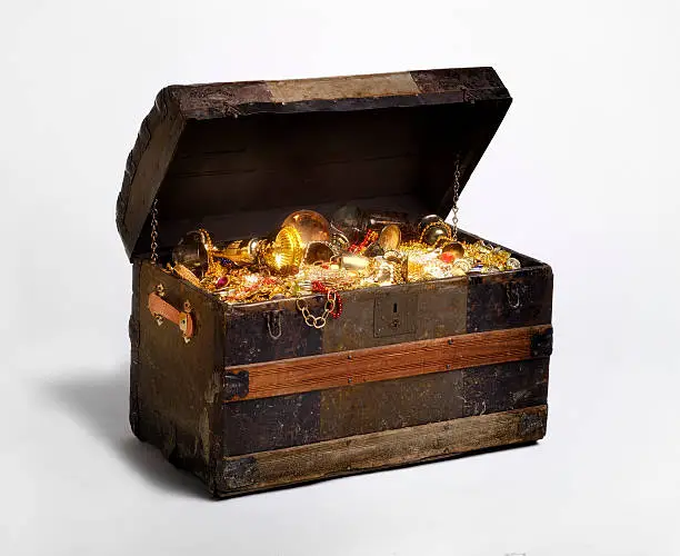 Treasure chest filled with gold, jewelry, and gems.