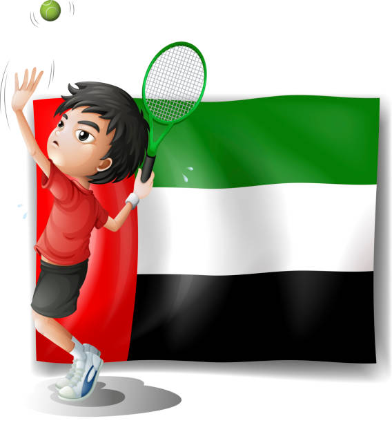 illustrazioni stock, clip art, cartoni animati e icone di tendenza di atleta stanco giocatore davanti alla bandiera degli emirati arabi uniti - child tennis white background sport