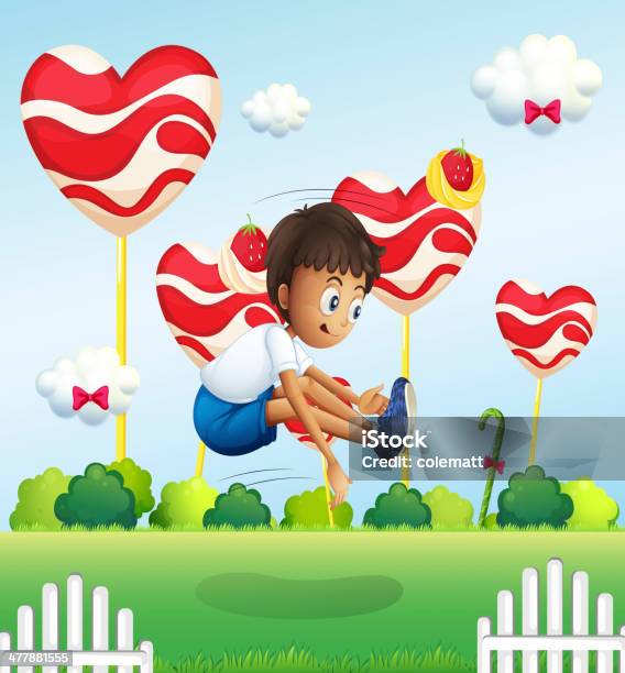 Menino Saltar No Campo Com Lollipops Gigante - Arte vetorial de stock e mais imagens de Adolescente - Adolescente, Ao Ar Livre, Arbusto