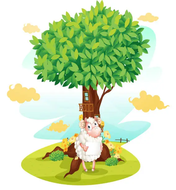 Vector illustration of Sheep holding an empty signboard beside treehouse