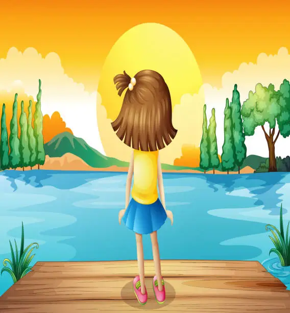 Vector illustration of Girl watching the sunset