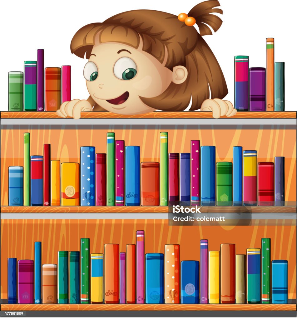 Jolie jeune fille dans la bibliothèque - clipart vectoriel de Adulte libre de droits