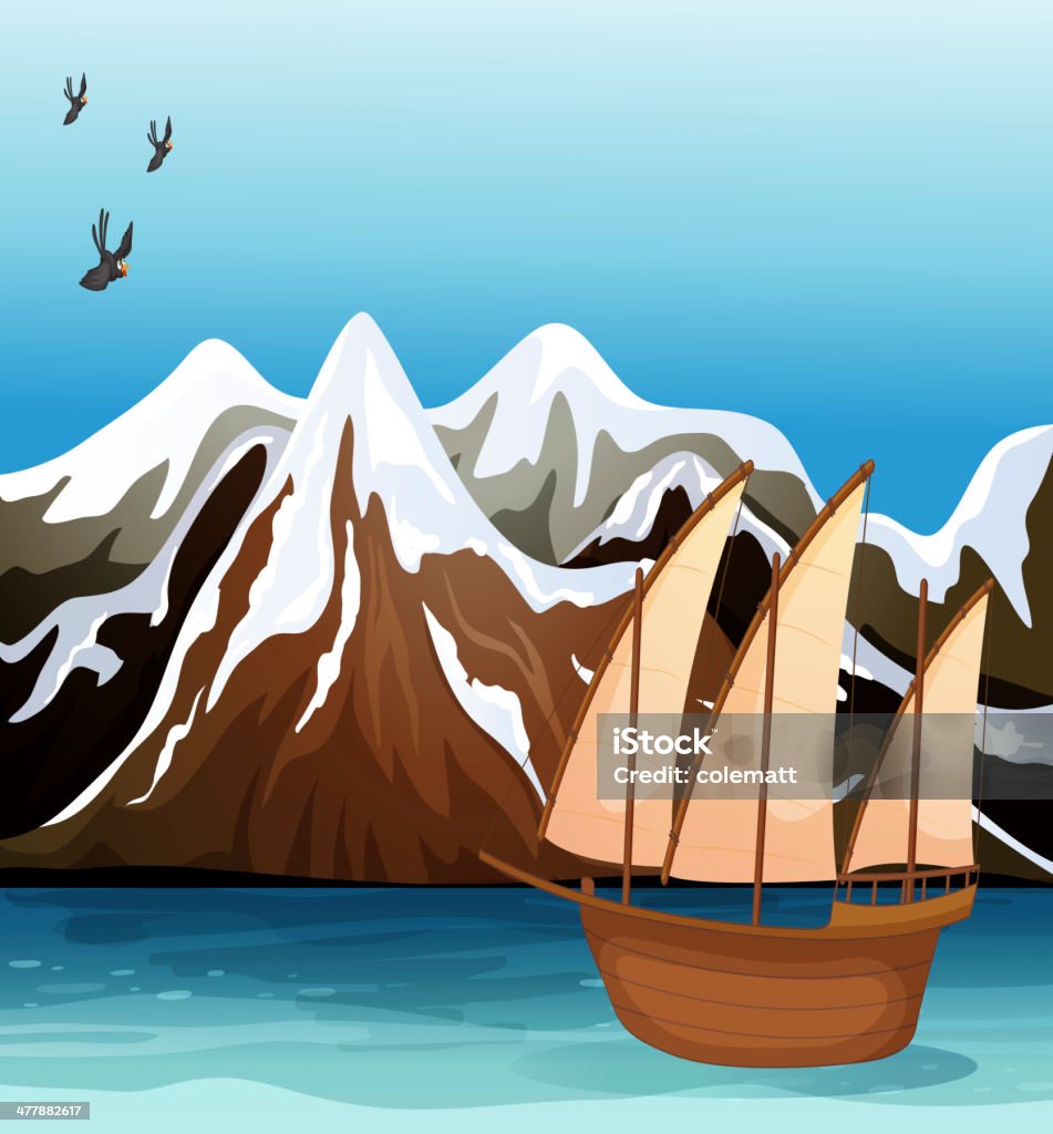 Лодка с плавающей возле горы зона - Векторная графика В воздухе роялти-фри