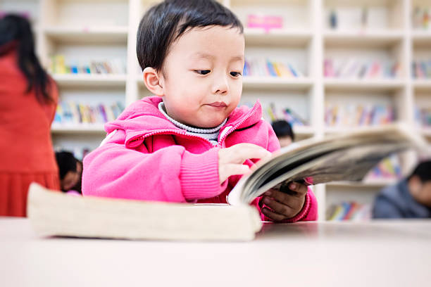 istock Cute asia children in the library 477885627