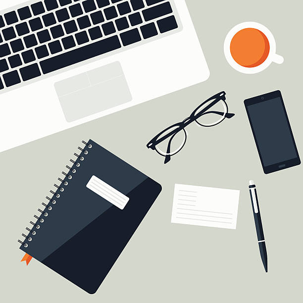Flat Office desk Flat Vector Office desk supplies (EPS10) square business card mockup stock illustrations