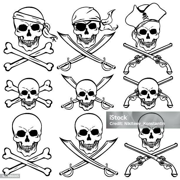 Vector Set Di Pirata Capo - Immagini vettoriali stock e altre immagini di Bandiera dei pirati - Bandiera dei pirati, Vettoriale, Teschio e ossa incrociate
