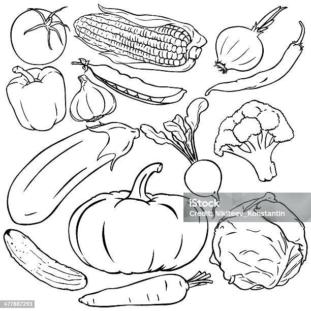 Векторный Набор Овощей — стоковая векторная графика и другие изображения на тему Баклажан - Баклажан, Белый фон, Брокколи