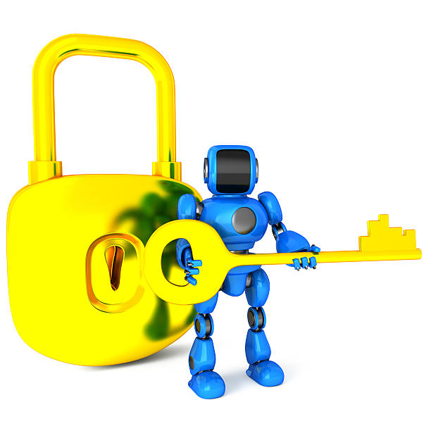 Robot With A Lock And Key Stock Photo - Download Image Now - Characters,  Closed, Cut Out - iStock