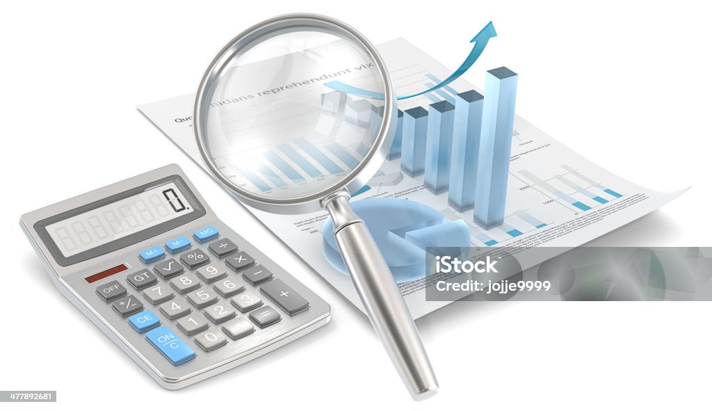 Calculate Growth. Magnifying glass, calculator, 3D Graph and pie chart of frosted glass. Abstract Stock Photo