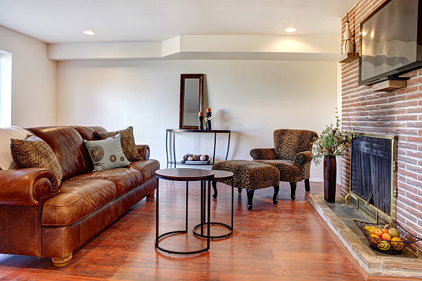 istock Living room with fireplace and TV 477898497