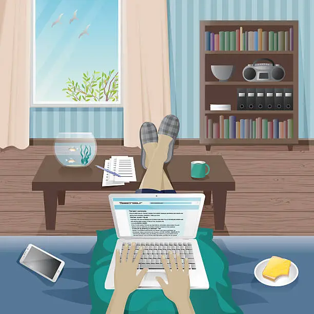 Vector illustration of Man Freelancer work at home on laptop