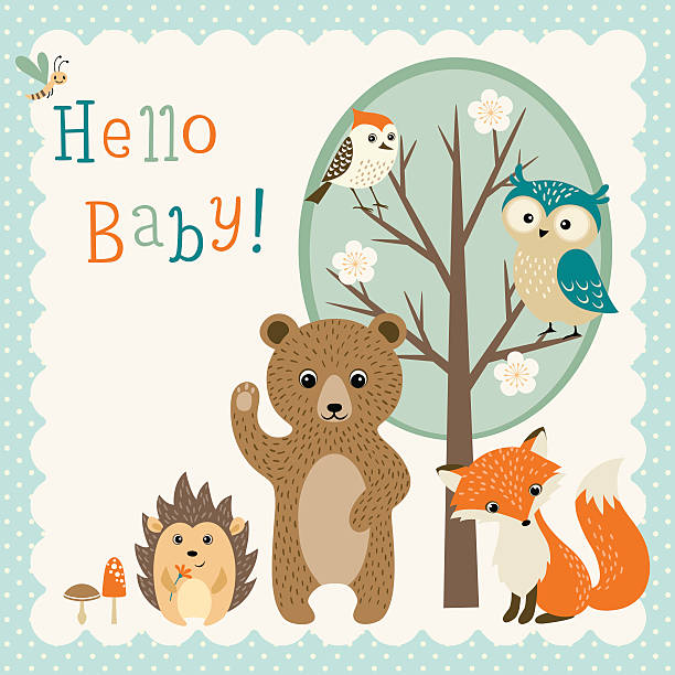 słodkie dziecko prysznicem woodland znajomych - baby shower stock illustrations