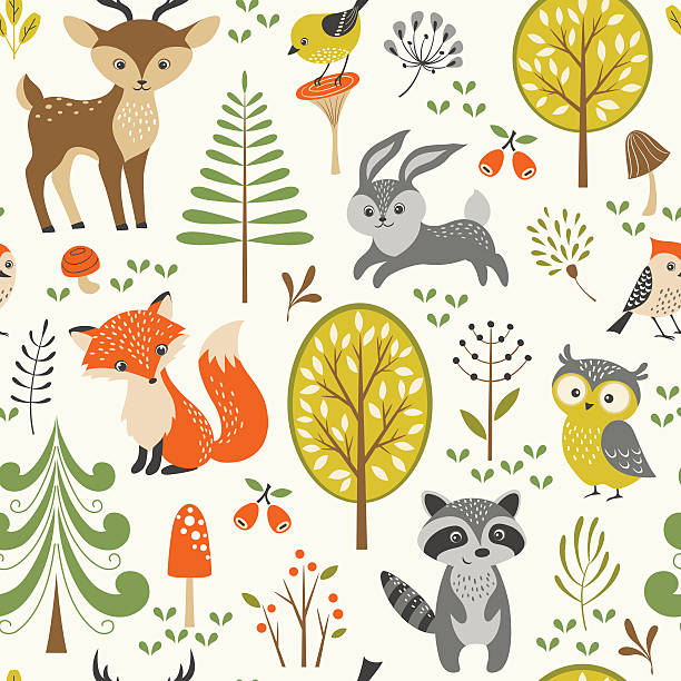 Cute forest pattern Seamless summer forest pattern with cute woodland animals, trees, mushrooms and berries. woodland stock illustrations