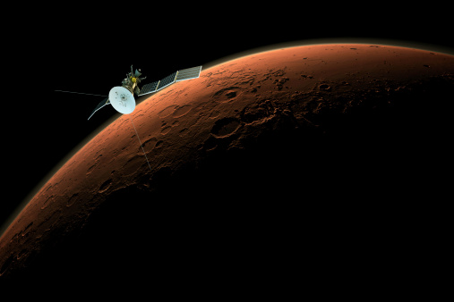 modern satellite orbiting over mars 