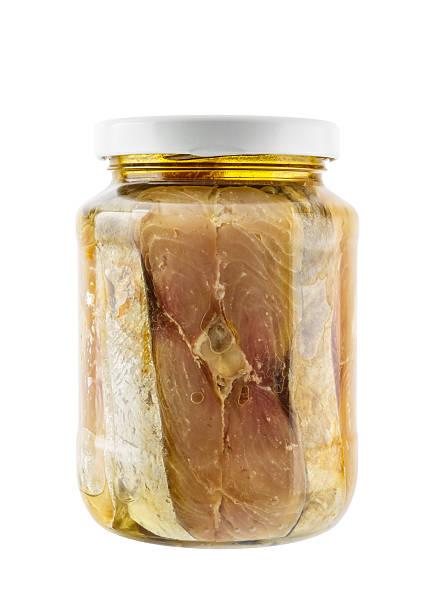 istock Glass jar of salted mackerel fish 477903571