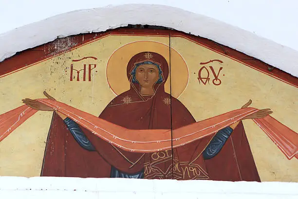 Icon above gate to Convent of the Intercession in Suzdal. Suzdal is known as the Golden Dome of Russia due to its vast number of beautiful Orthodox churches and monasteries