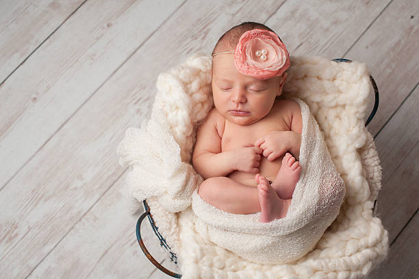 新生児の女の子だけの花のヘッドバンド - rose pink flower single flower ストックフォトと画像