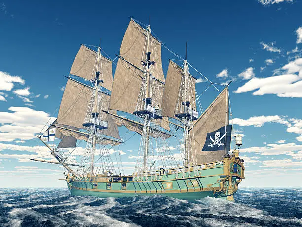 Computer generated 3D illustration with a pirate ship of the 18th century