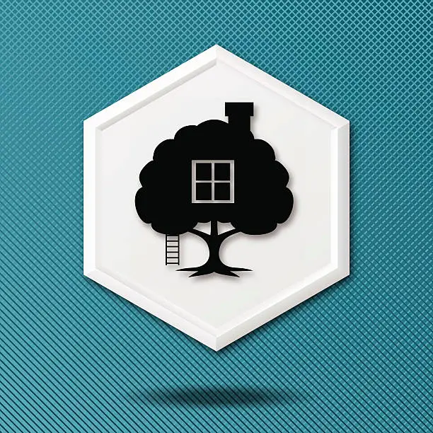 Vector illustration of White 3D Hexagon Icon On Blue With a Treehouse