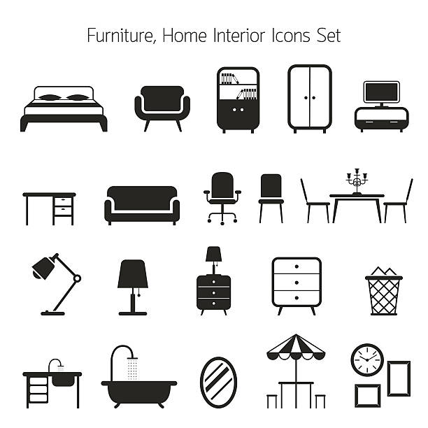 Furniture Mono Icons Set Household, Home Interior Objects living room illustrations stock illustrations