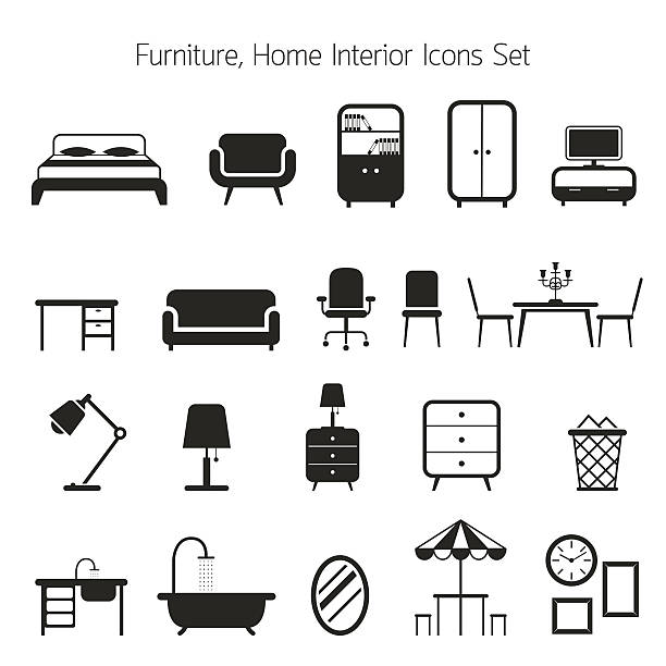 Furniture Mono Icons Set Household, Home Interior Objects Furniture stock illustrations