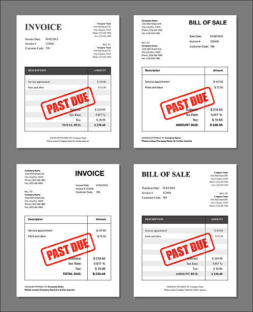 Set of Four 'PAST DUE' Stamped Invoices and Bill Templates A set of four different bills/invoice templates marked with a rubber stamp. The stamp object is transparent to show the text underneath and is on its own layer so it's easy to remove if needed. Download includes a CMYK AI10 compatible vector EPS file as well as a high resolution RGB JPEG sized 4,000 pixels tall. past due stock illustrations