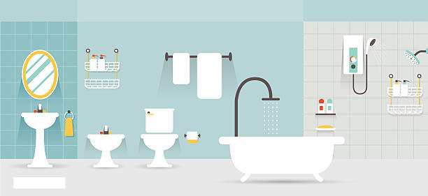 illustrazioni stock, clip art, cartoni animati e icone di tendenza di display panorama mobili da bagno - doccia