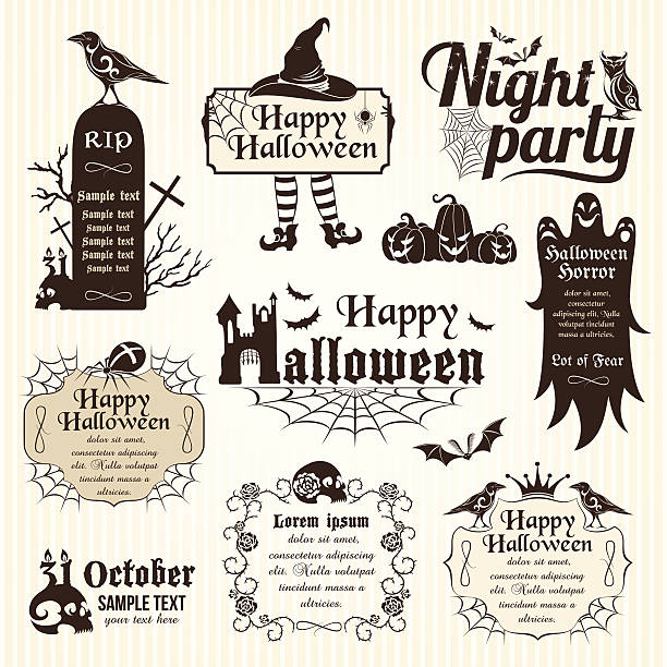satz von halloween dekorative elemente - halloween witch domestic cat frame stock-grafiken, -clipart, -cartoons und -symbole