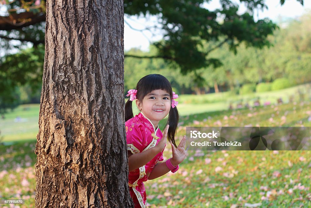 asian girl Portrait children, Little asian girl in pink qipao was smiling and playing hide-and-seek in the park 2015 Stock Photo