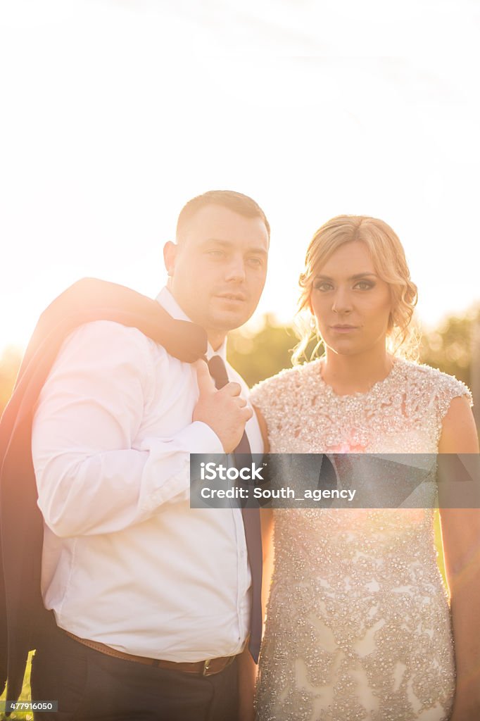 Elegant bride and groom posing together outdoors Wedding couple in nature 2015 Stock Photo