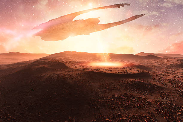 istock Alien spaceship flying over desert landscape 477920322