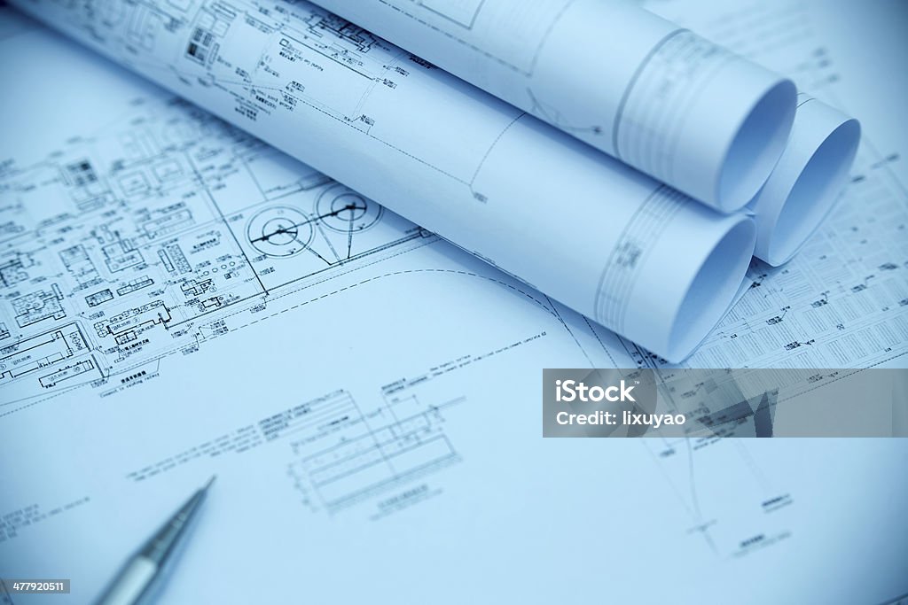 공사장 청사진-건축 산업 서류 - 로열티 프리 3차원 형태 스톡 사진