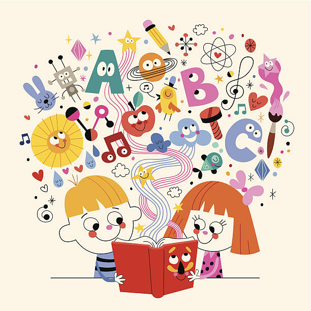 cute kids reading book education concept illustration vector art illustration