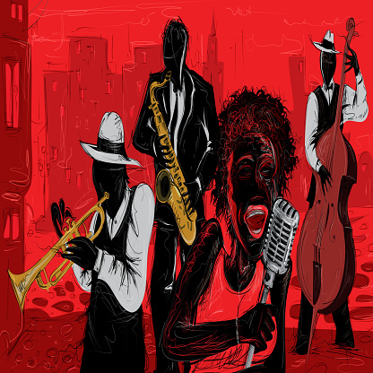 Jazz Band in the Streets of the City at night, sketch art (Vector)