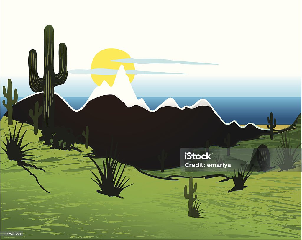 Cactus saguaro, les montagnes et la rivière. Illustration - clipart vectoriel de Coucher de soleil libre de droits