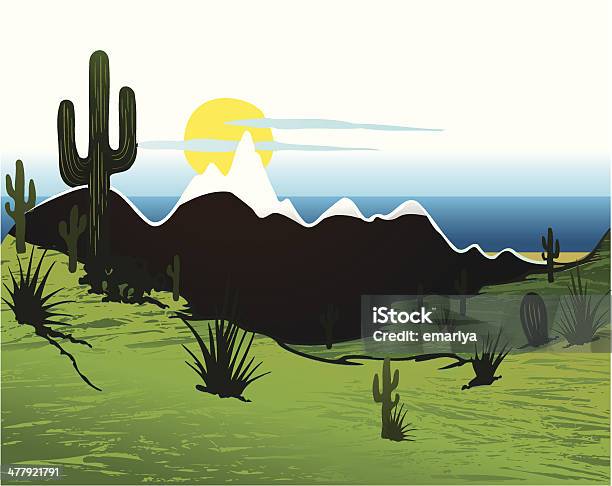 Cactus Saguaro Les Montagnes Et La Rivière Illustration Vecteurs libres de droits et plus d'images vectorielles de Coucher de soleil