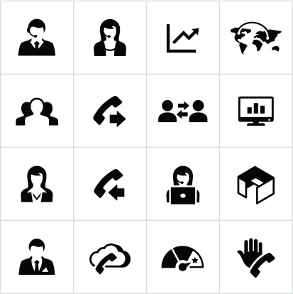 Call center icons. All white strokes/shapes are cut from the icons and merged allowing the background to show through.