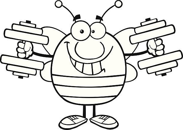 Black and White Smiling Pudgy Bee Mascot Training With Dumbbells Similar Illustrations: spelling bee stock illustrations