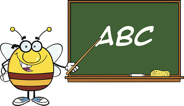 Bee With Glasses Holding Pointer In Front Of Blackboard Abc Similar Illustrations: spelling bee stock illustrations