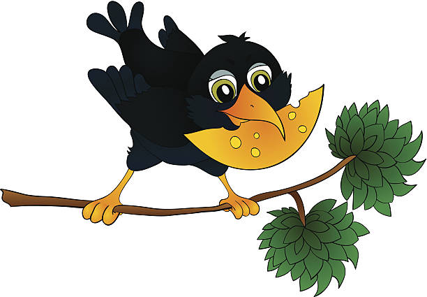 ilustrações, clipart, desenhos animados e ícones de raven em uma agência com queijo em sua bico - branch bird flying pets