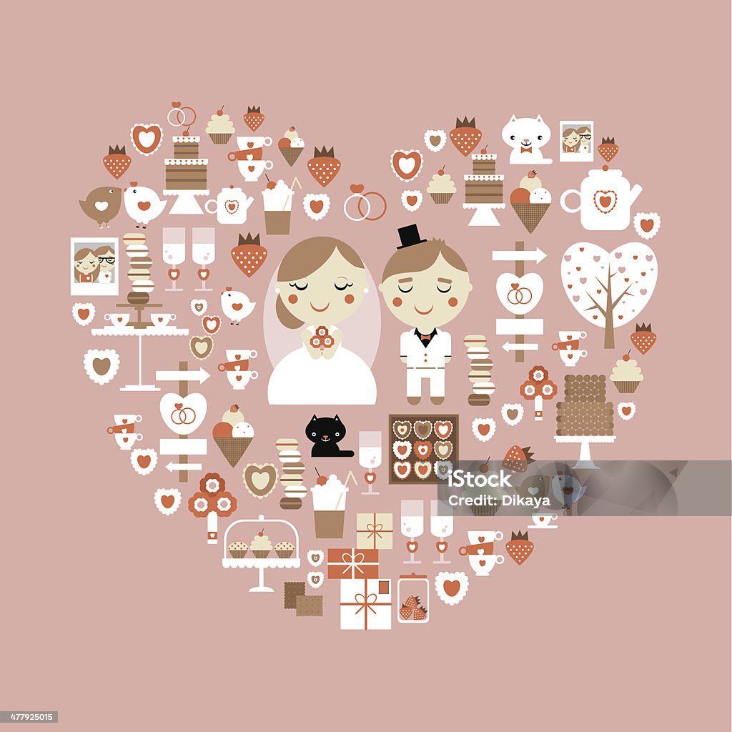 Wedding heart Vector illustration of cute people, love and sweets. Wedding invitation or greeting card Adult stock vector