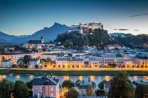 Historic city of Salzburg with Hohensalzburg Fortress at dusk, Salzburger Land, Austria