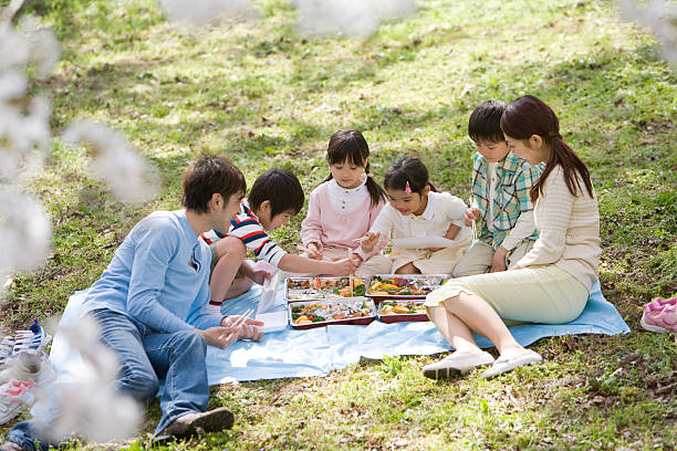 Family having flower-viewing boxed lunch stock photo