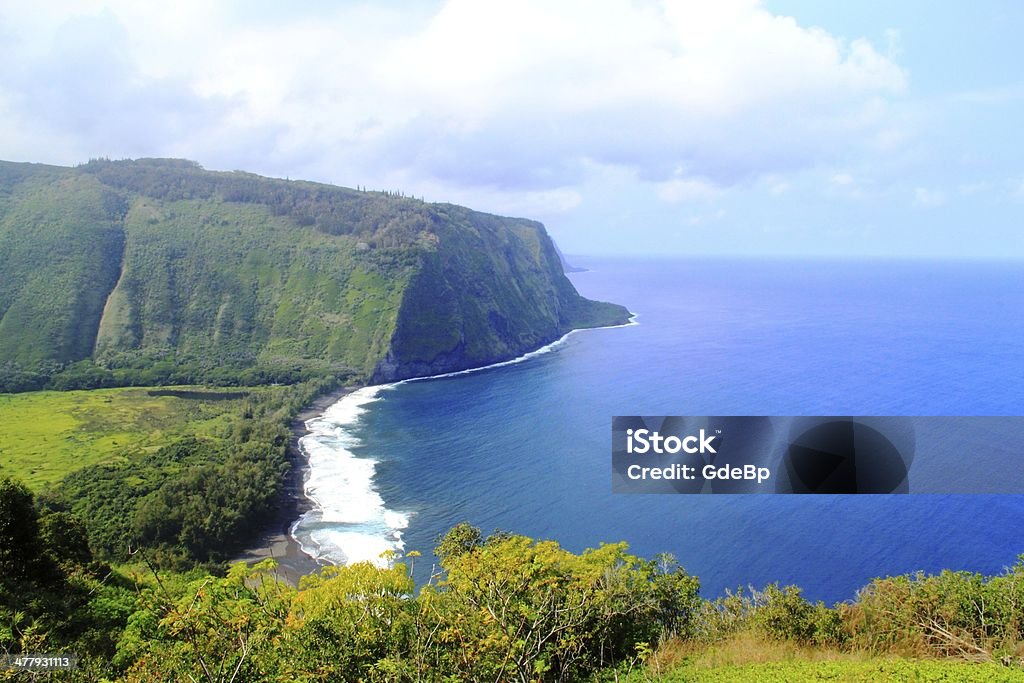 Beautiful Natural Scenery of Hawaii Beautiful natural scenery of Hawaii, steep hill and cliff down to the sea. Epic natural panorama and scenery of Hawaii. Big Island - Hawaii Islands Stock Photo