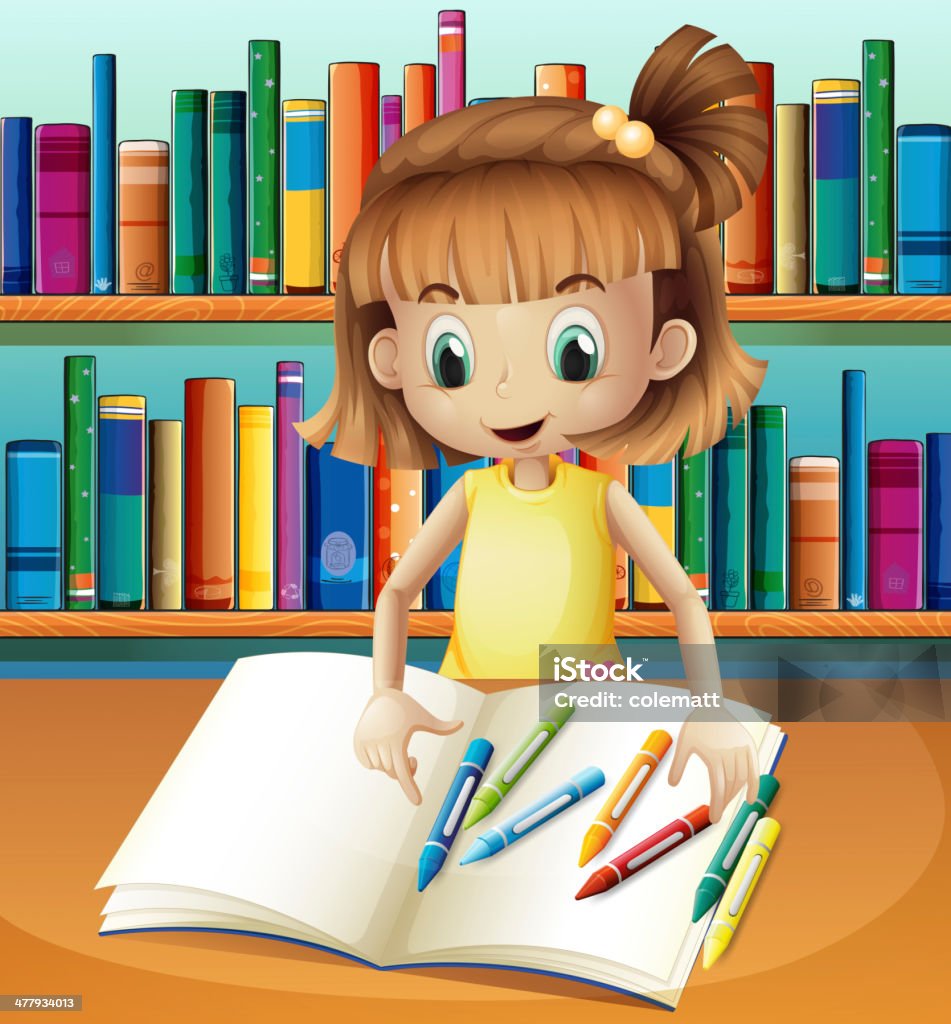 Dziewczyna z jej puste notebook przed półkach - Grafika wektorowa royalty-free (Biblioteka)