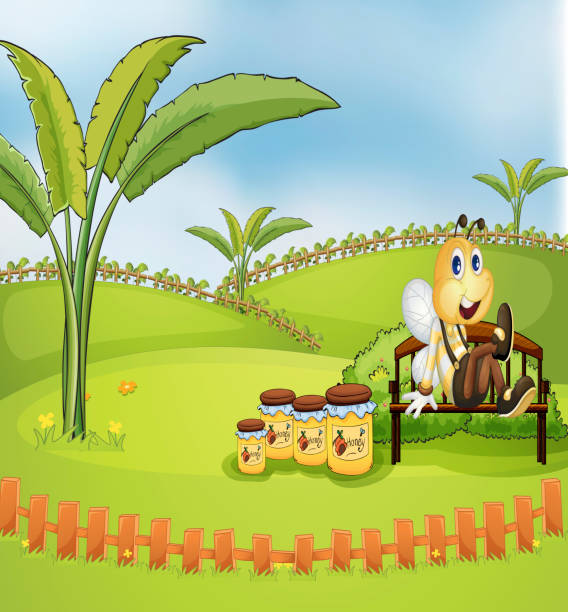 Bee sitting at the bench with jars of honey Bee sitting at the bench with jars of honey banana seat stock illustrations