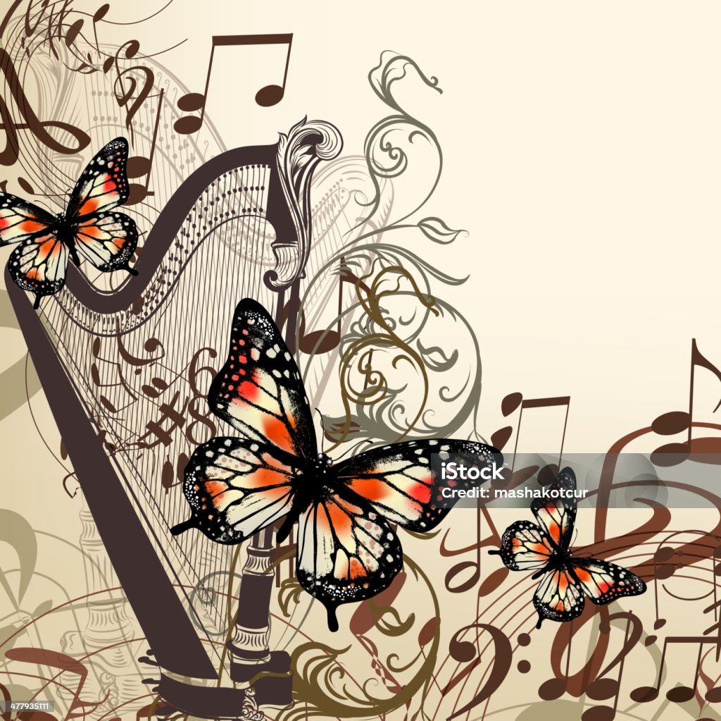 Sottofondo musicale vettoriale con note e farfalle arpa, - arte vettoriale royalty-free di Arpa