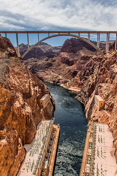 Photo of Hoover Dam downstream and bypass bridge