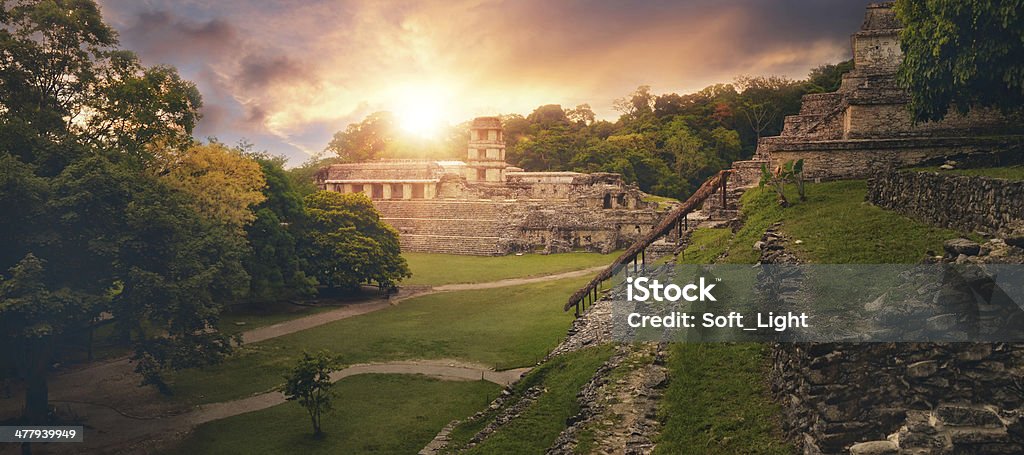 Panoramic view pyramid of Inscriptions and the Palace observatory. Mexico The panoramic view from the pyramid of Inscriptions and the Palace of the observatory tower in the ancient Mayan city of Palenque. Mexico Stock Photo